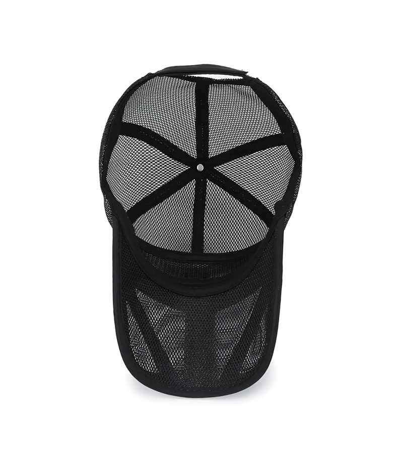 Top view of black mesh embroidery fashion baseball cap with adjustable strap for men and women, unisex stylish design SF0768.